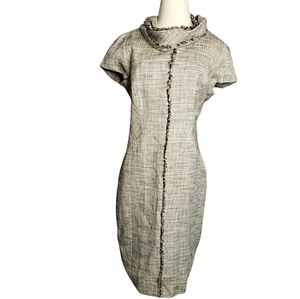 Worth Linen Structured Tweed Sheath Fringe Double Collar Professional Business